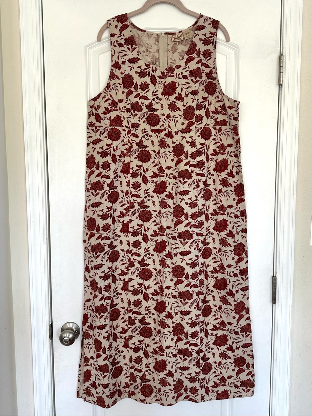 Vintage Woolrich Linen Cotton Dress Red Floral Sleeveless Large Cottage 90s